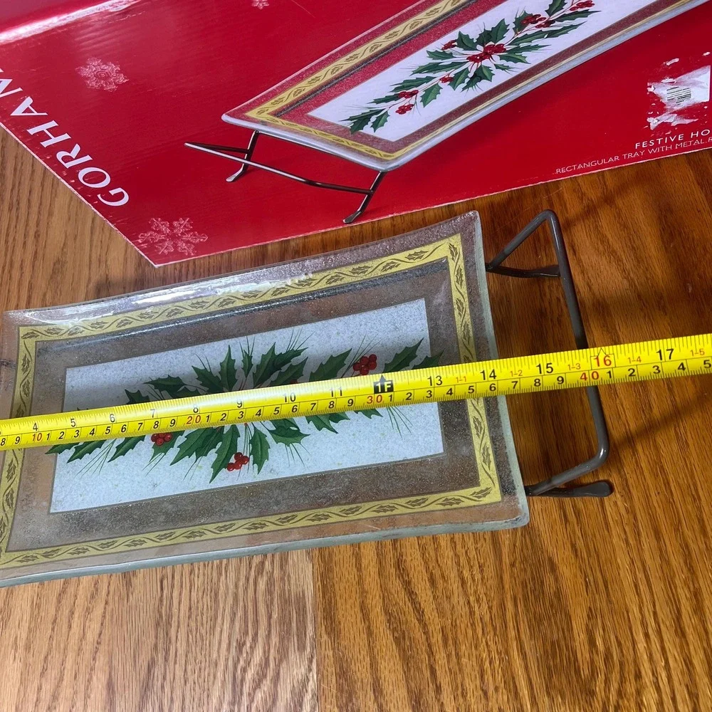Gorham Festive Holly Glass Serving Tray with Metal Rack Christmas Holiday